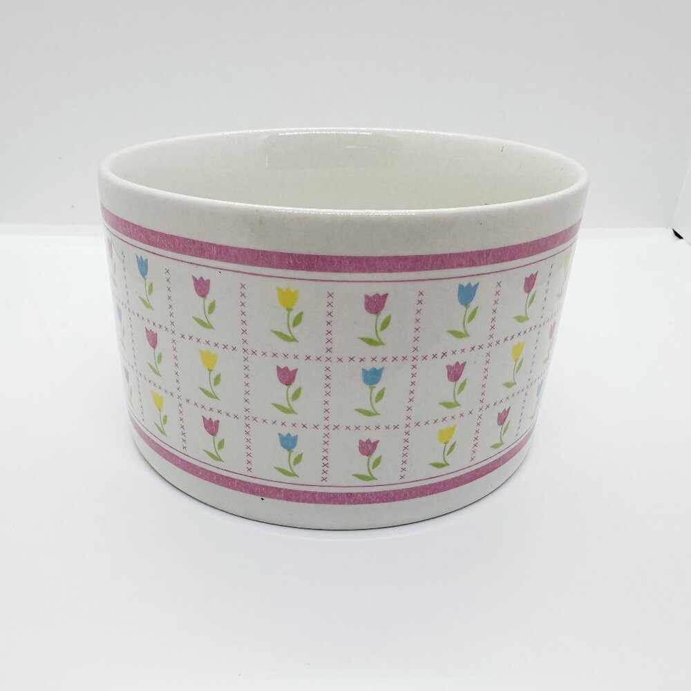 Vintage 1980s FTDA Ceramic Trinket Bowl Flowers Tulips Pastel Baby Room Girl